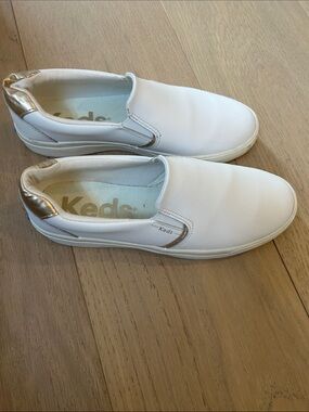 Keds White Slip-On Sneakers with Metallic Gold Heel